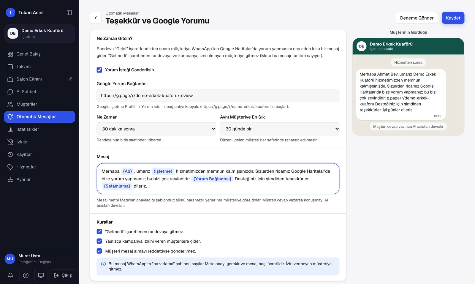 Tukan Asist panelinde Google yorum isteği ayarı: gönderim süresi, Google Haritalar yorum bağlantısı ve mesaj önizlemesi