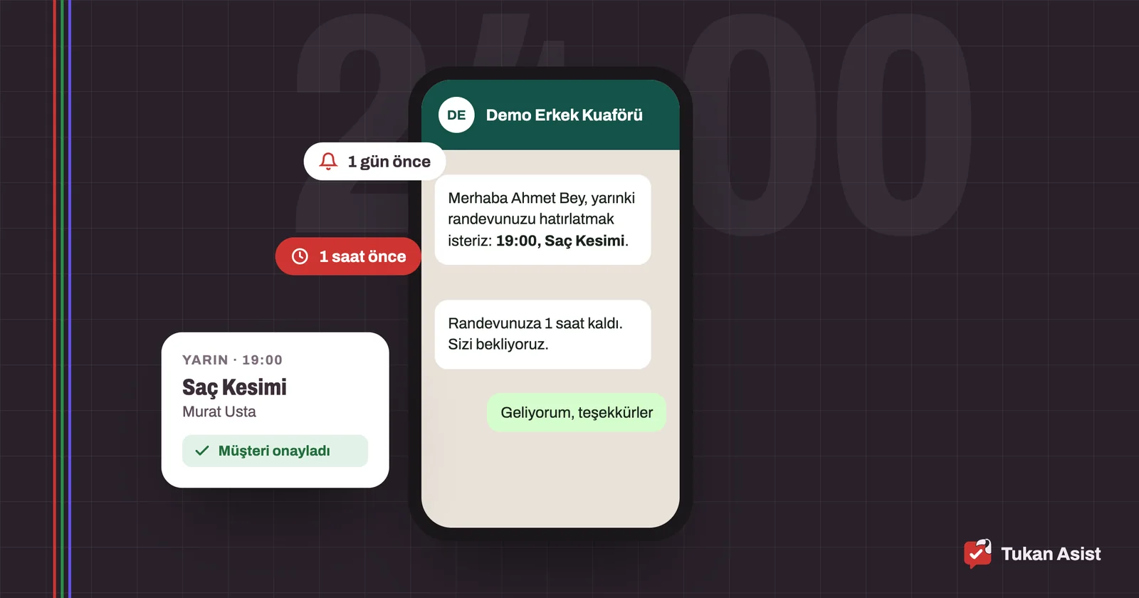 WhatsApp'tan randevu hatırlatma mesajı gelen bir telefon ve randevu takvimi çizimi