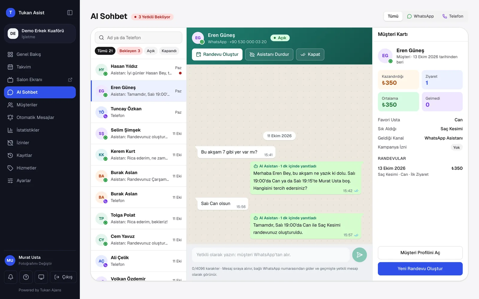 Tukan Asist panelinde AI Sohbet ekranı: WhatsApp randevu konuşmalarını izleme ve yetkili olarak devralma